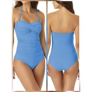 Anne Cole Live in Color Blue Twist Front Shirred Bandeau One-Piece Swimsuit Sz 8